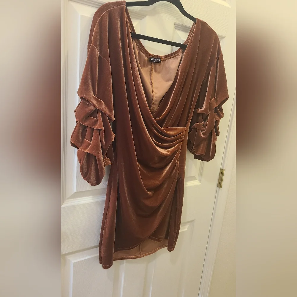 Fashion Nova Brown Velvet Ruffled Sleeve Mini Dress - Picture 2 of 3